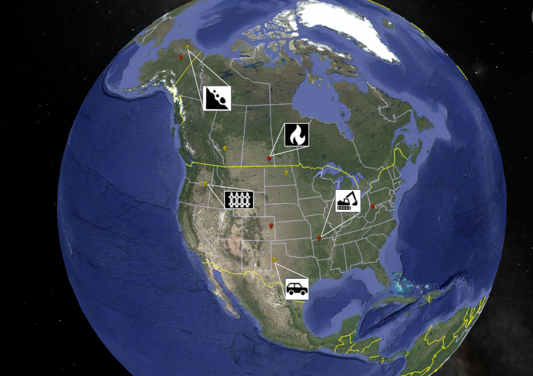 Globe view showing flagged asset markers across North America