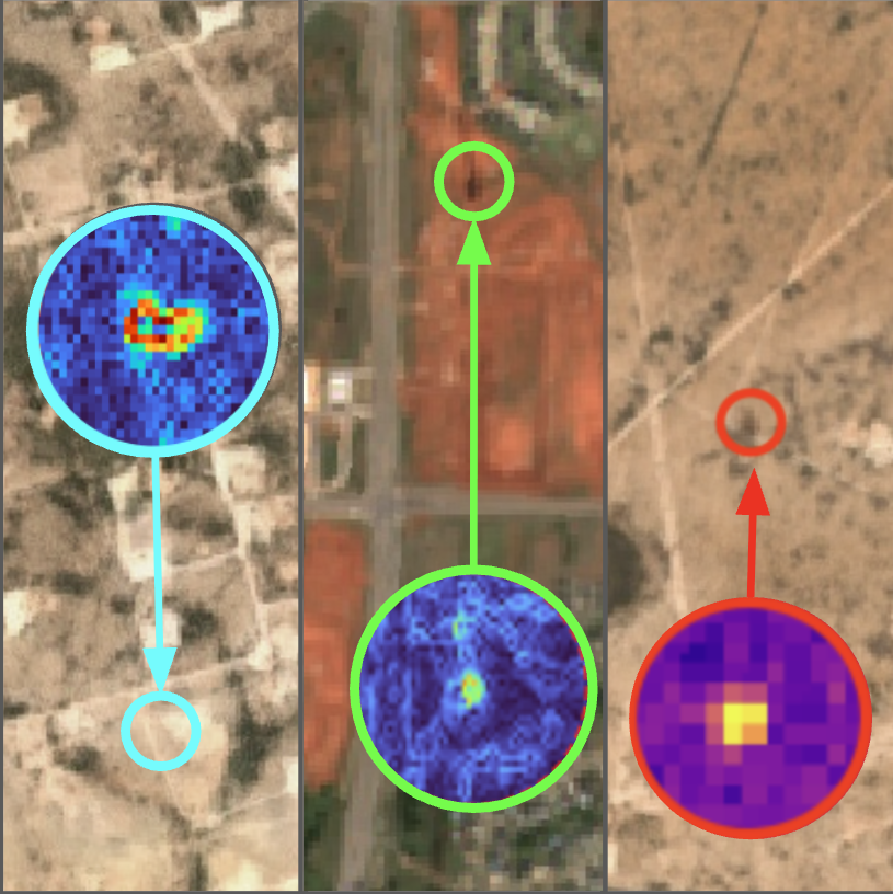 Satellite imagery with thermal detail highlighting refined product, crude, and gas leaks