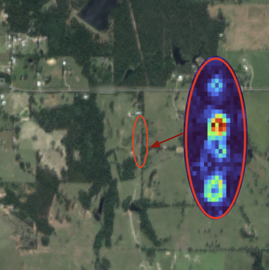 Satellite thermal imagery highlighting service activity along a pipeline corridor